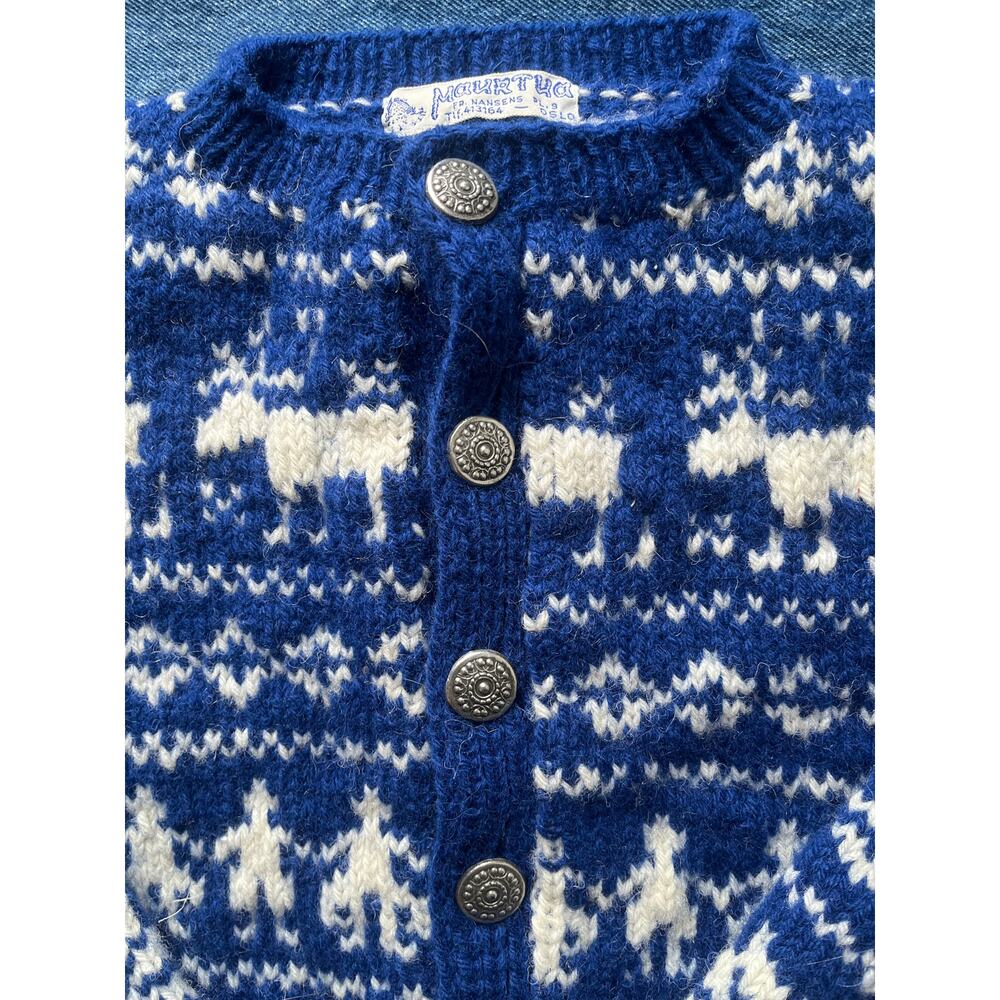 Vintage Child's Maurtua Blue and White 100% Wool Sweater Cardigan - Picture 3 of 5